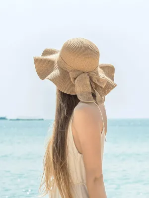 1pc Simple Sunscreen Beach Hat, Summer Women Travel Sun Protective Floppy Hat With Wave Brim And Ribbon Band Casual Sunhat