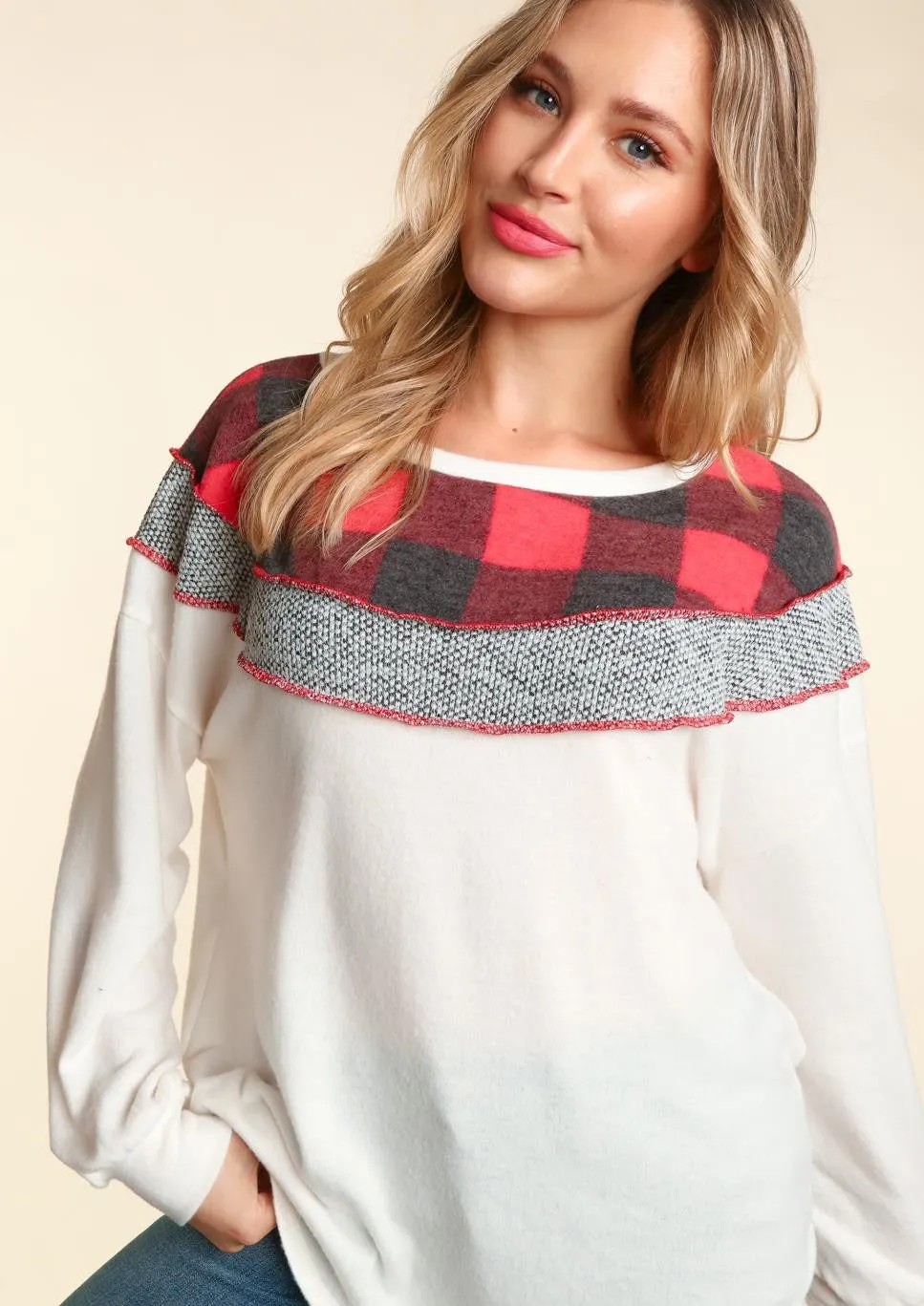 Anna Buffalo Plaid Colorblock Top