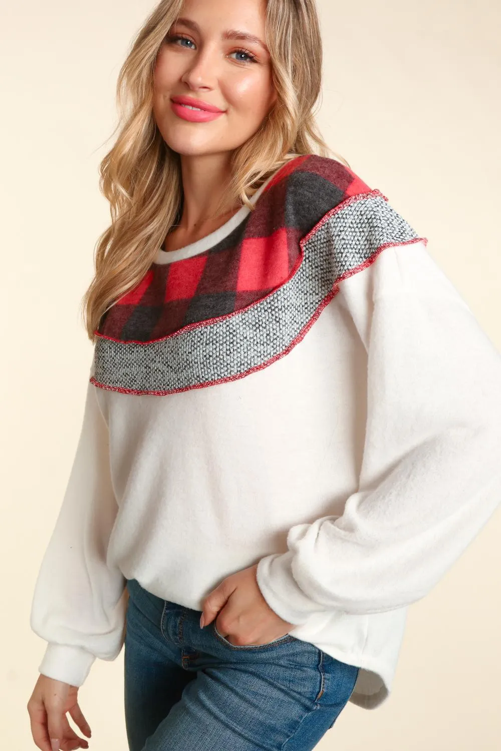 Anna Buffalo Plaid Colorblock Top
