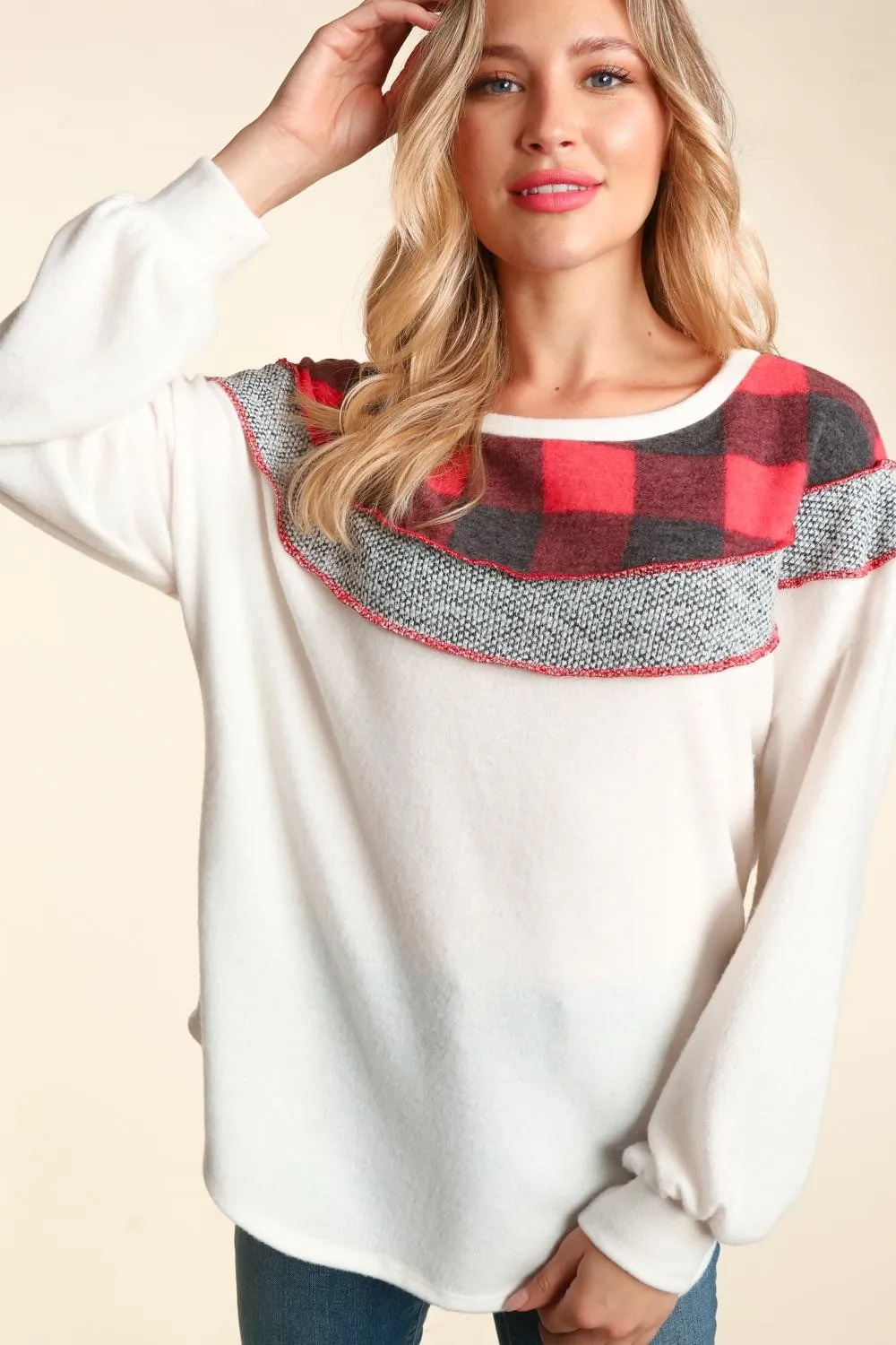 Anna Buffalo Plaid Colorblock Top