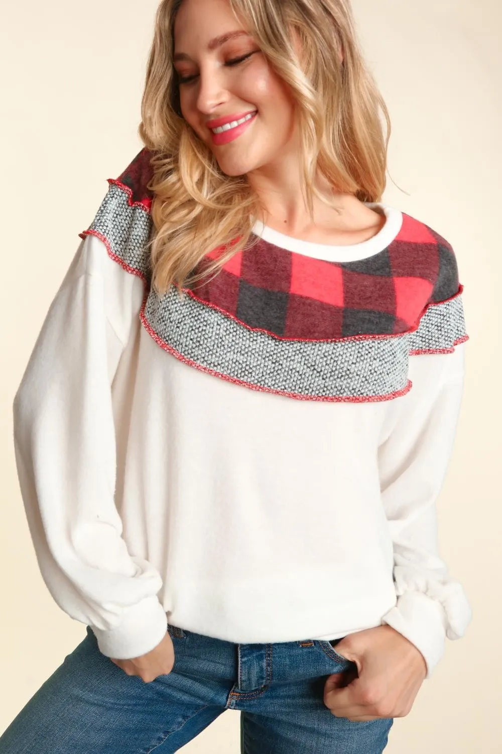 Anna Buffalo Plaid Colorblock Top