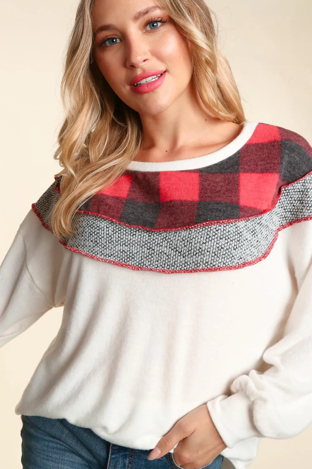 Anna Buffalo Plaid Colorblock Top