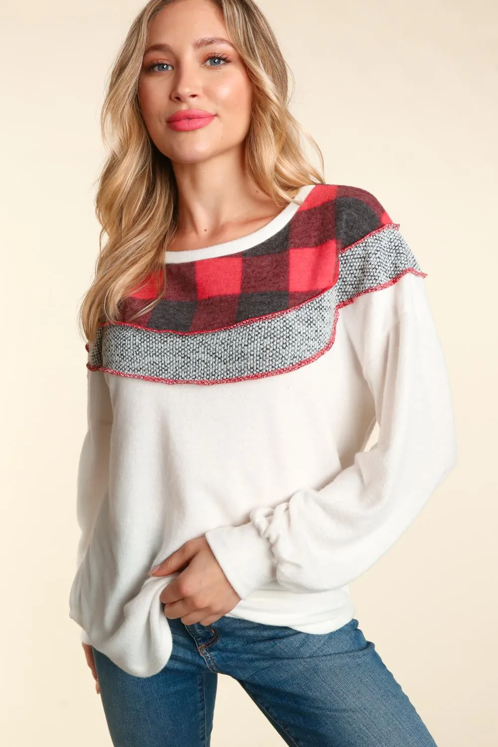 Anna Buffalo Plaid Colorblock Top
