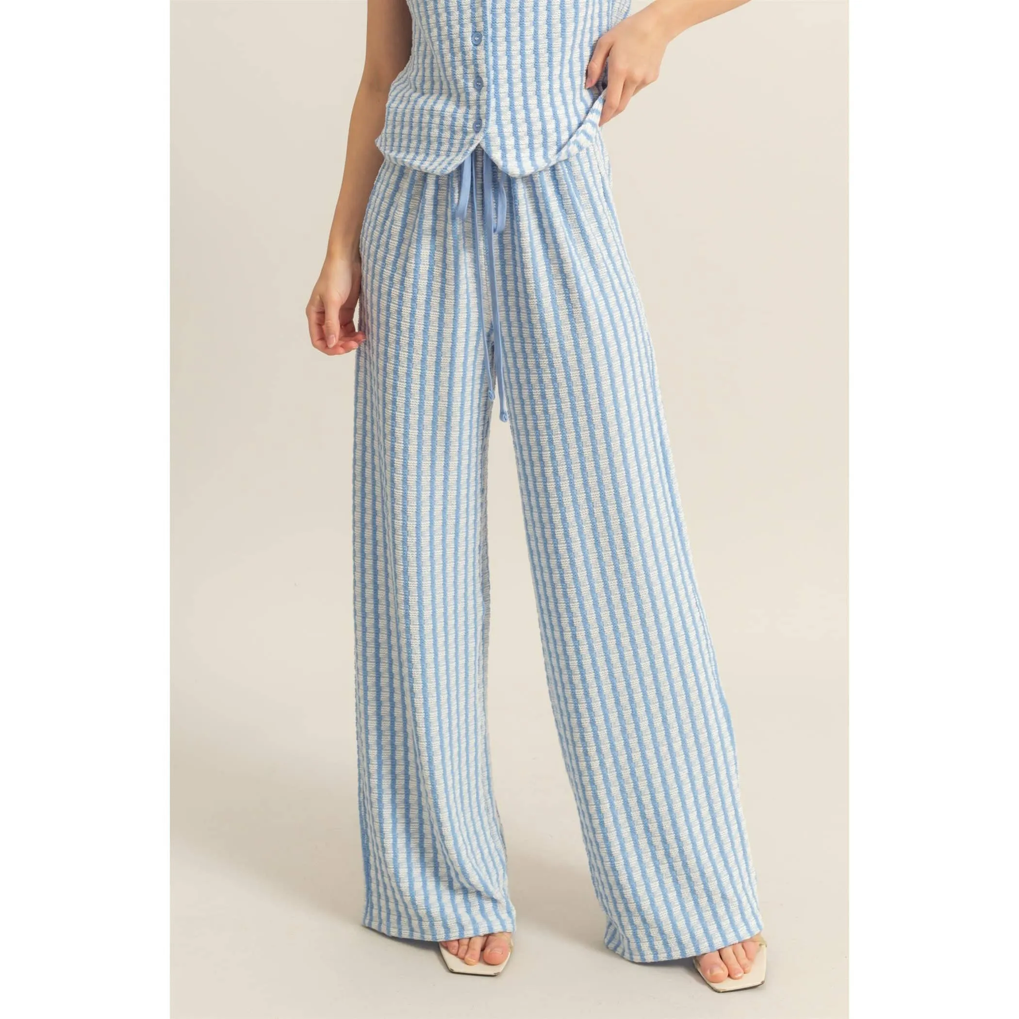 Blue High Waist Drawstring Striped Knit HYFVE Pants
