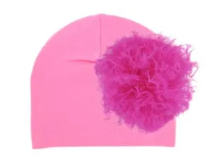 Candy Pink Cotton Hat with Raspberry Large Curly Marabou