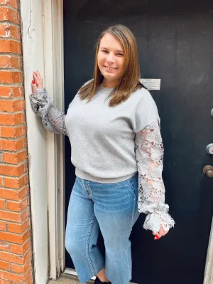 Casual Lace Sleeve Top: Heather Grey