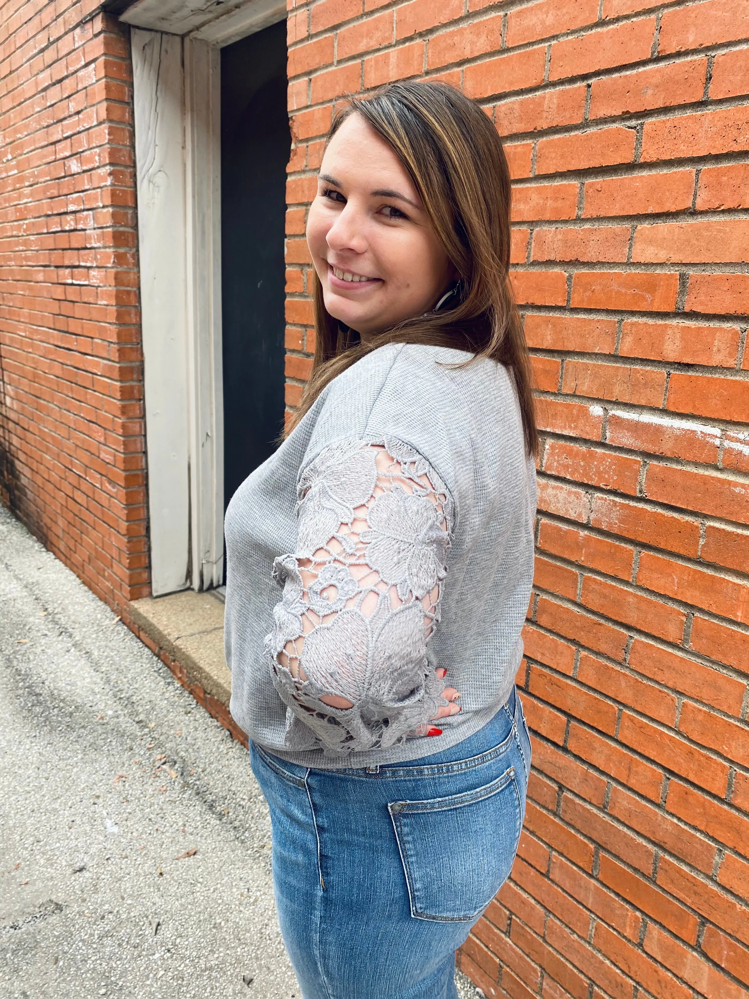 Casual Lace Sleeve Top: Heather Grey