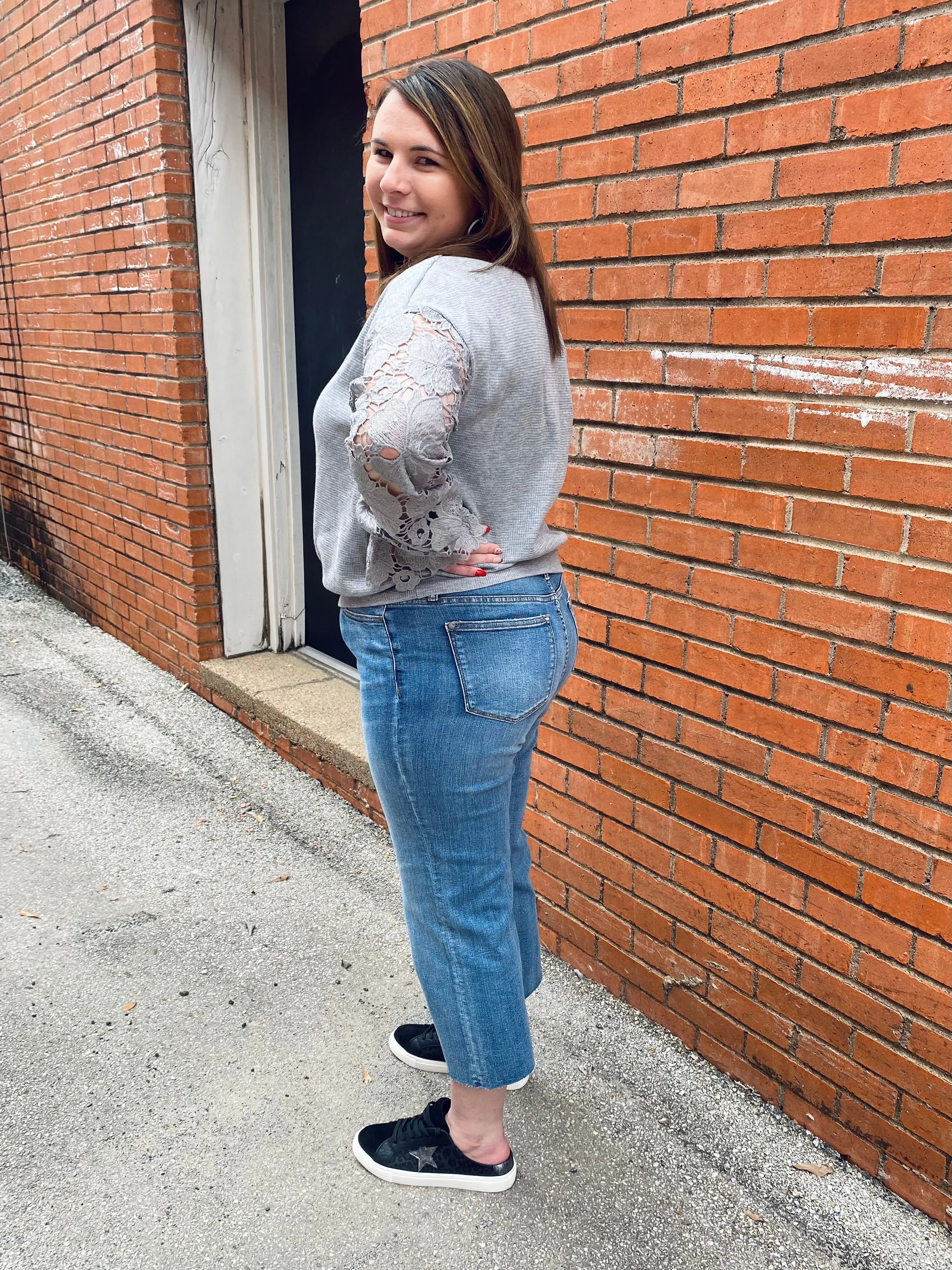 Casual Lace Sleeve Top: Heather Grey