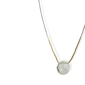 Clear Seed Bead & Gold Vermeil Tube Beaded Necklace with Green Amethyst Drop