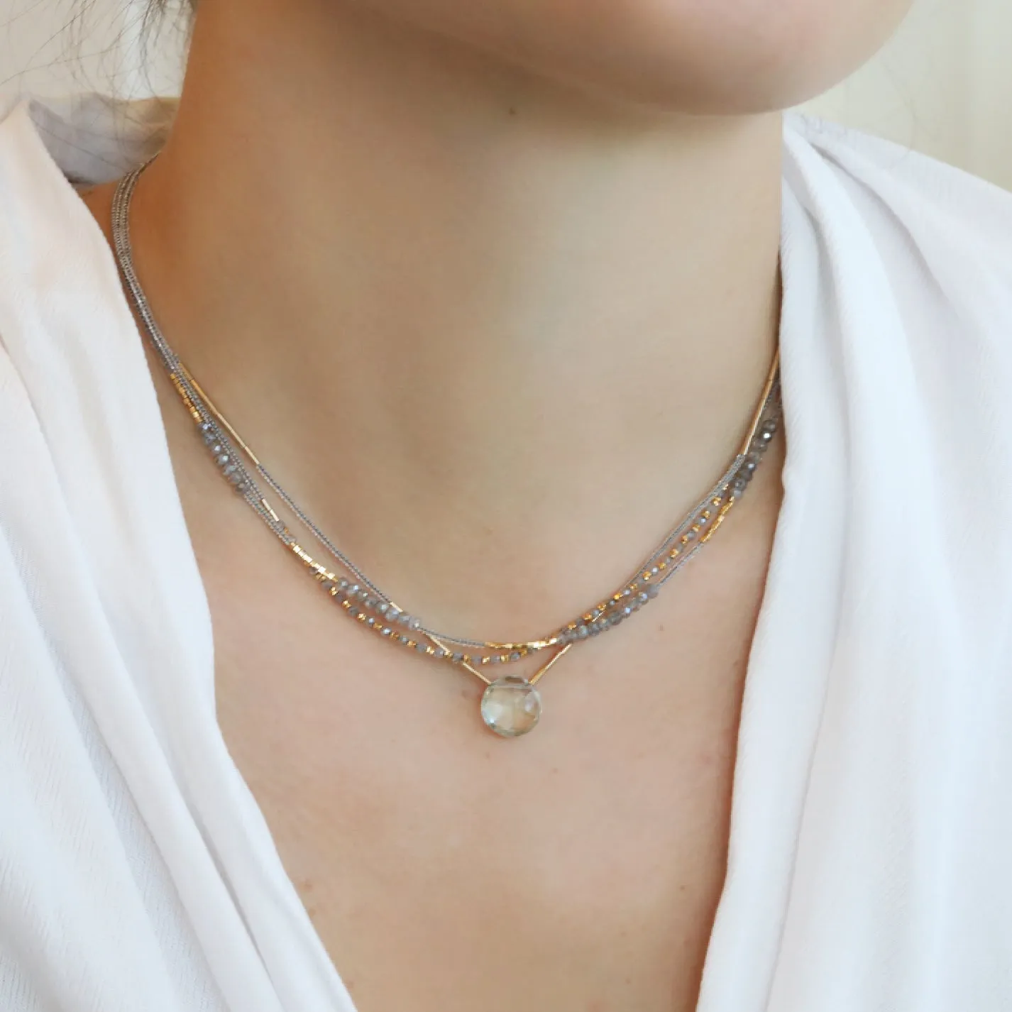Clear Seed Bead & Gold Vermeil Tube Beaded Necklace with Green Amethyst Drop