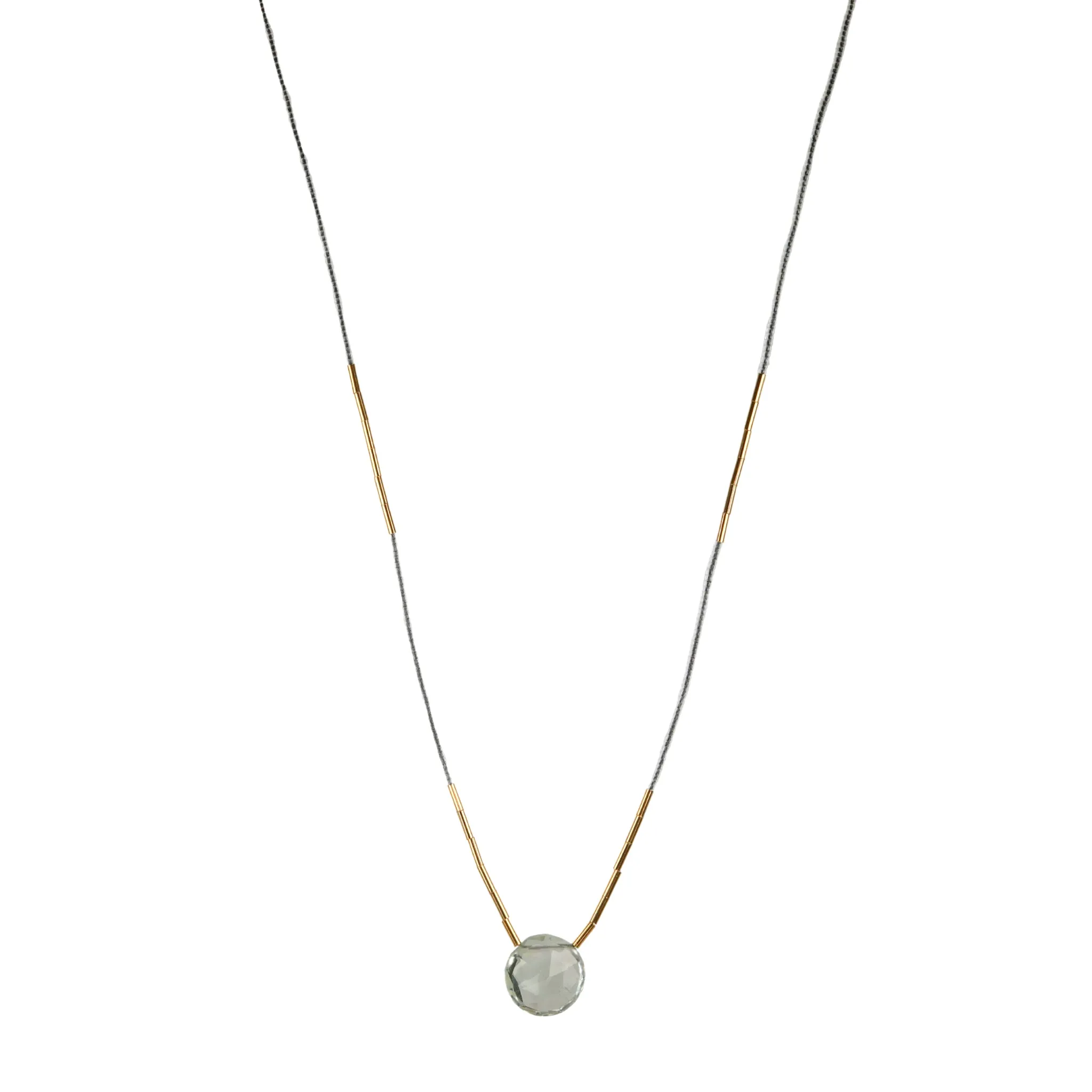Clear Seed Bead & Gold Vermeil Tube Beaded Necklace with Green Amethyst Drop