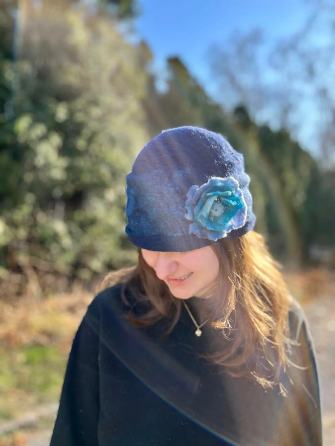Cozy Brimmed Beanie Hat with Beaded Flower Pin