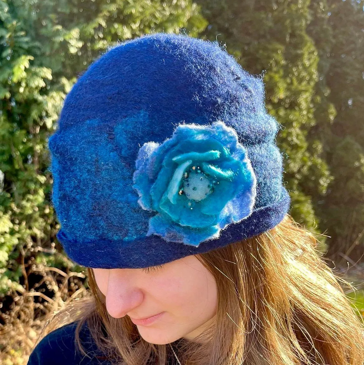 Cozy Brimmed Beanie Hat with Beaded Flower Pin