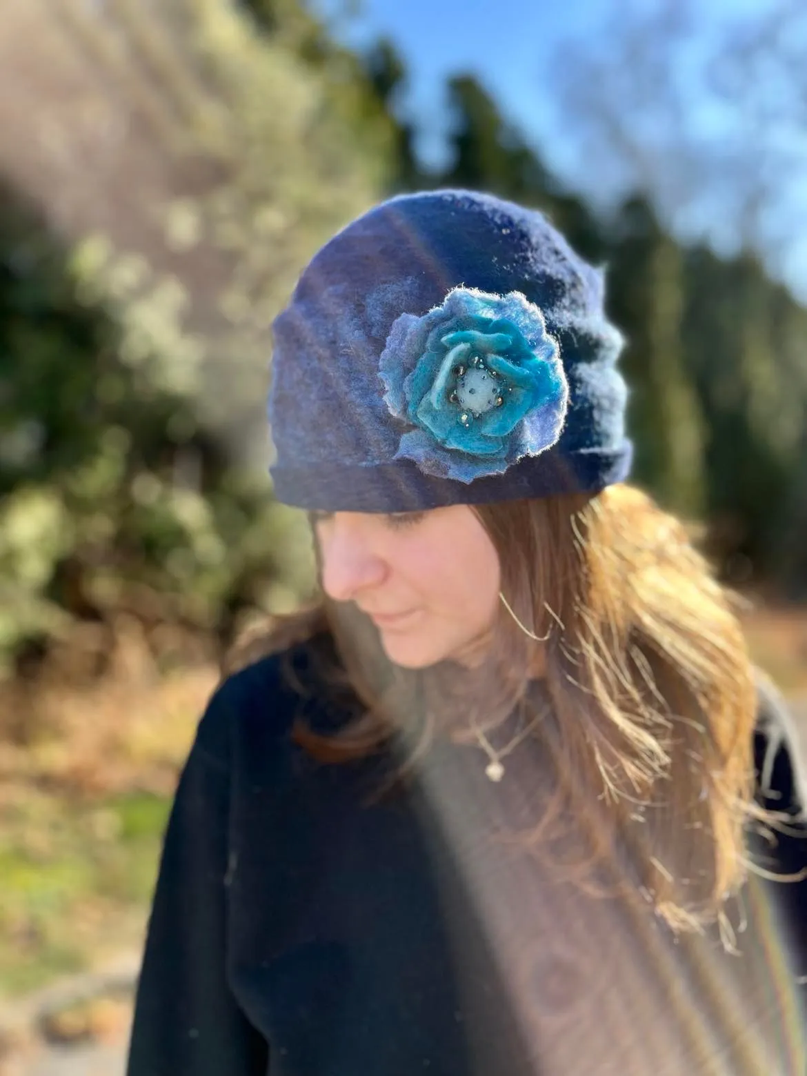 Cozy Brimmed Beanie Hat with Beaded Flower Pin