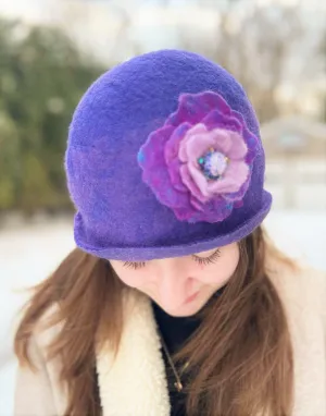 Cozy Brimmed Beanie Hat with Beaded Flower Pin