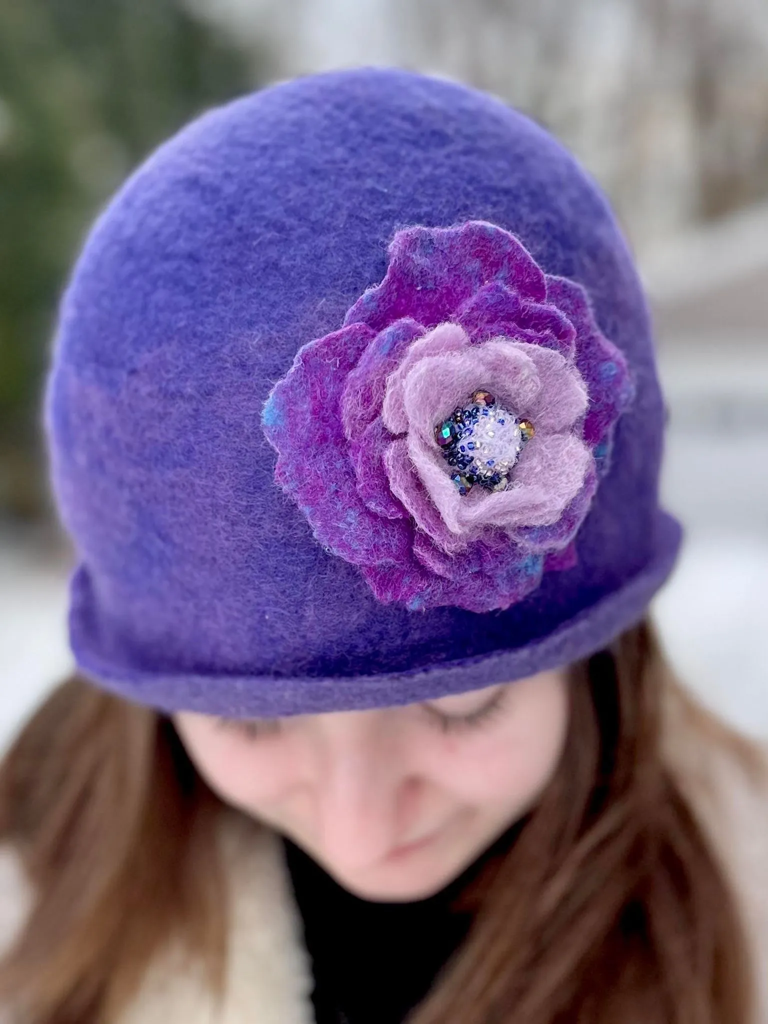 Cozy Brimmed Beanie Hat with Beaded Flower Pin