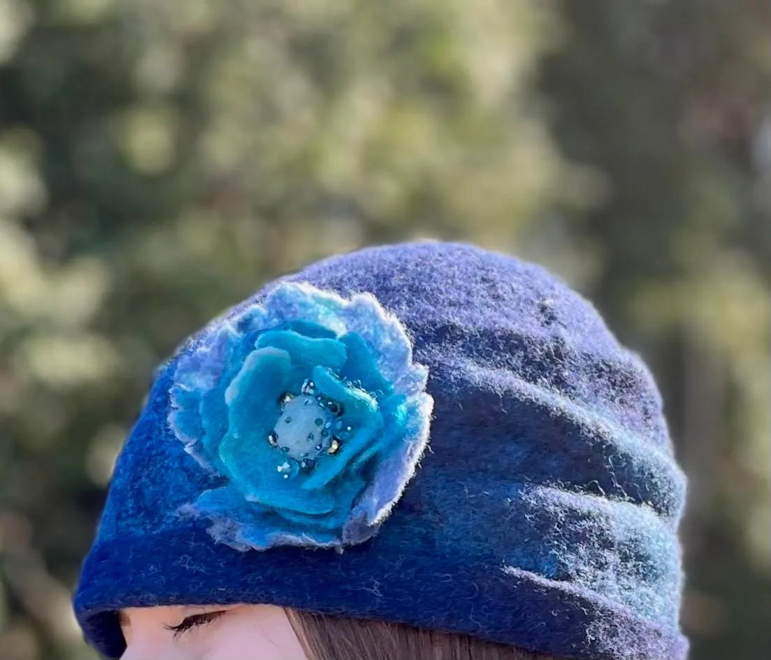 Cozy Brimmed Beanie Hat with Beaded Flower Pin