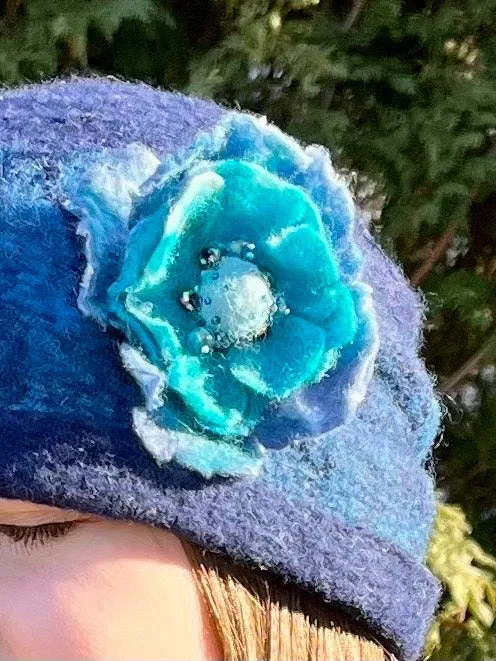 Cozy Brimmed Beanie Hat with Beaded Flower Pin