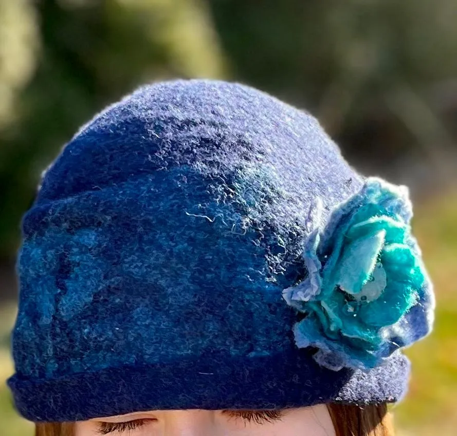 Cozy Brimmed Beanie Hat with Beaded Flower Pin