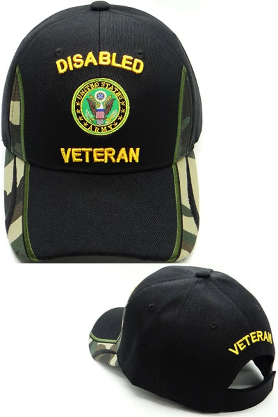 Disabled Army Veteran Hat Camouflage and Black Baseball Cap with Military Emblem Logo Embroidered Adjustable Fit