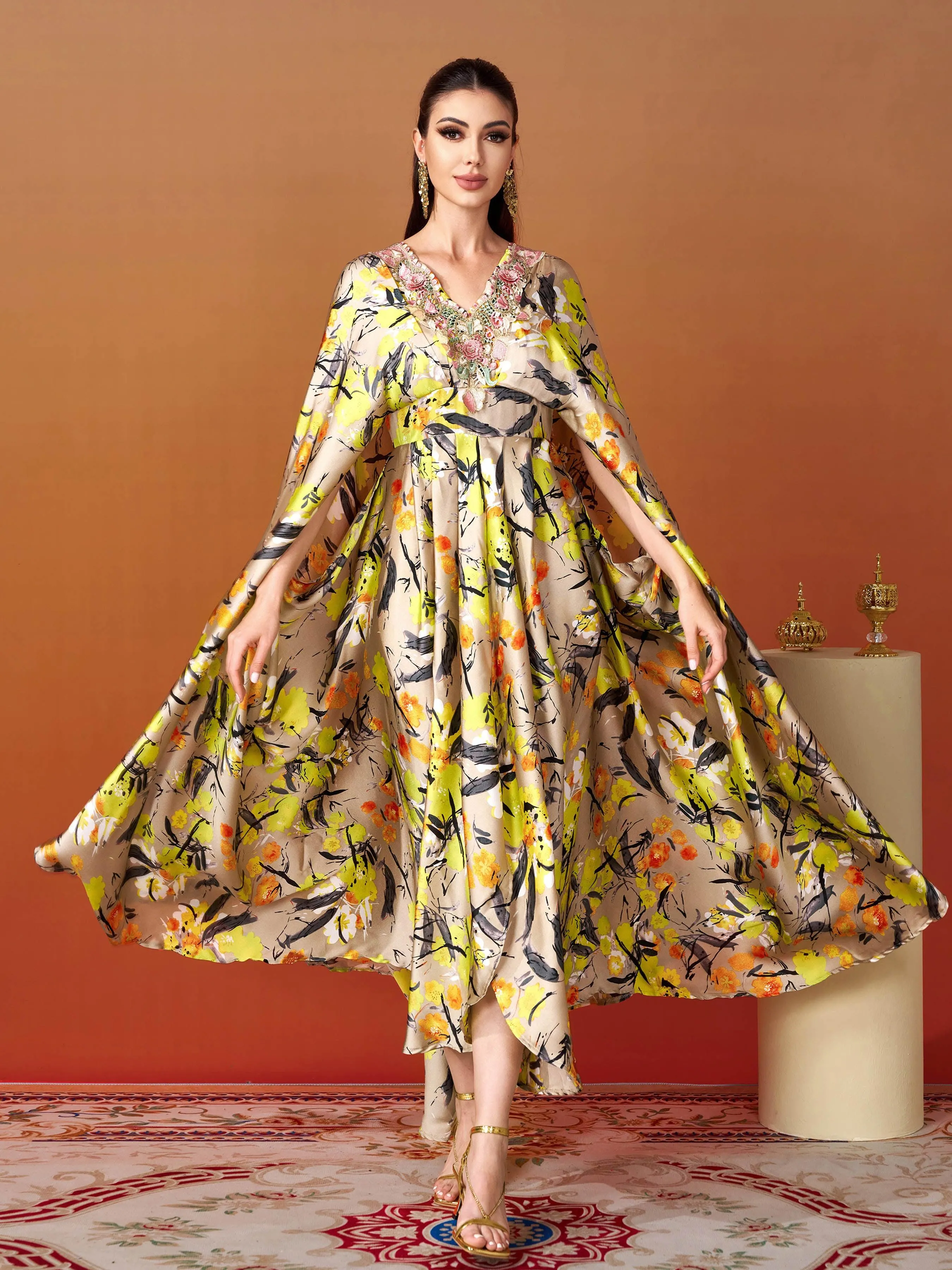 Embroidered Flower Neck Floral Dress MES00406