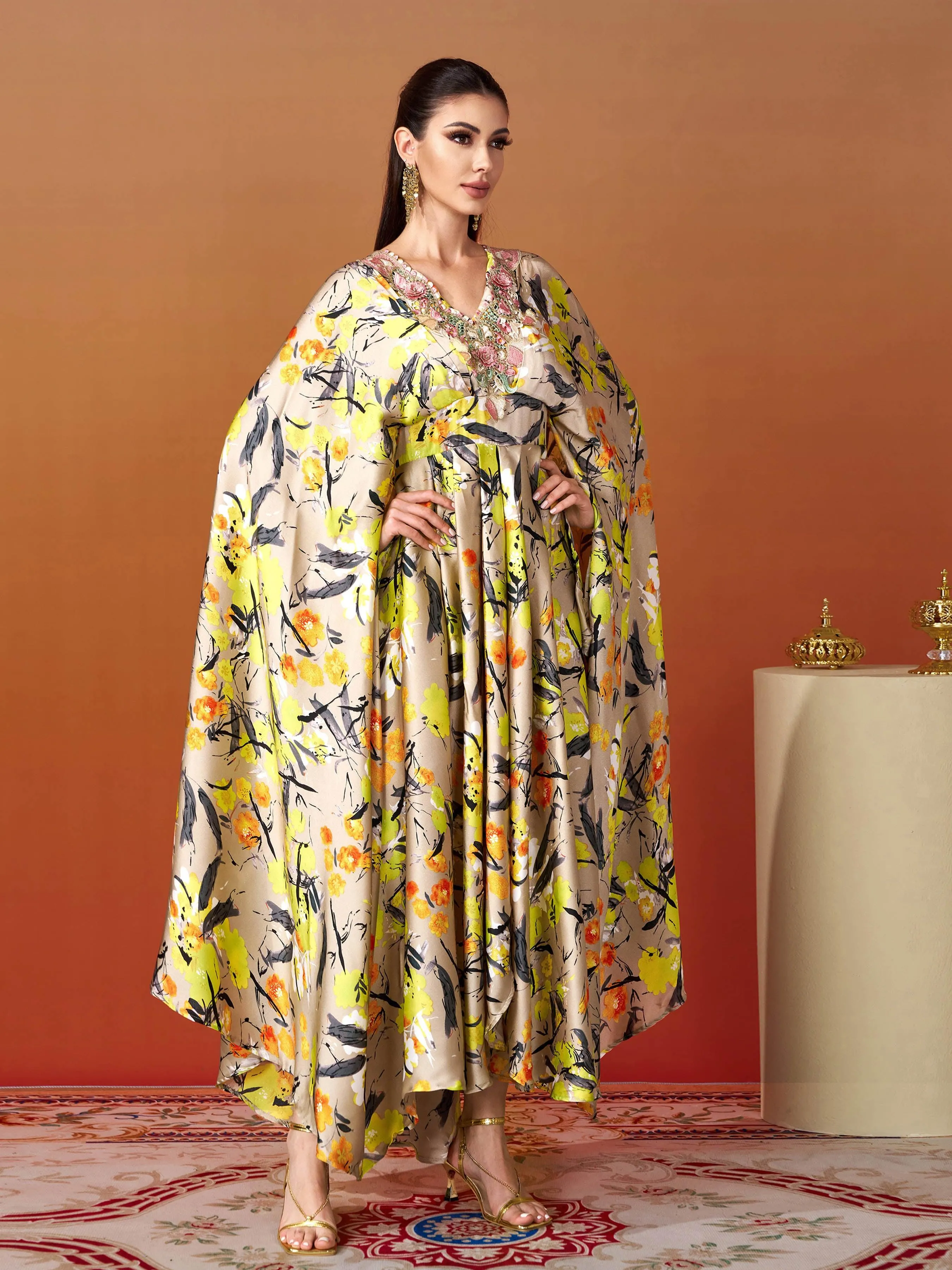 Embroidered Flower Neck Floral Dress MES00406