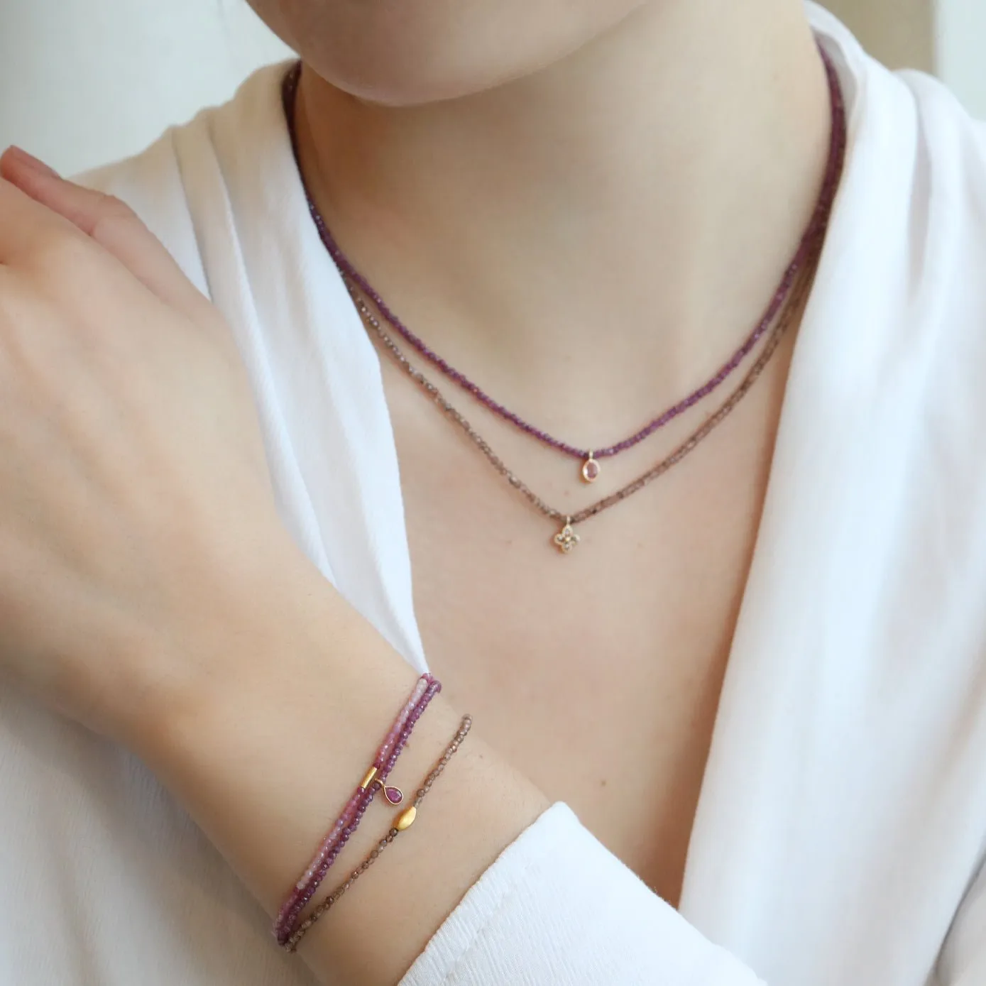 Faceted Mixed Ruby Beaded Bracelet with 18K Bezel-Set Teardrop Ruby Charm