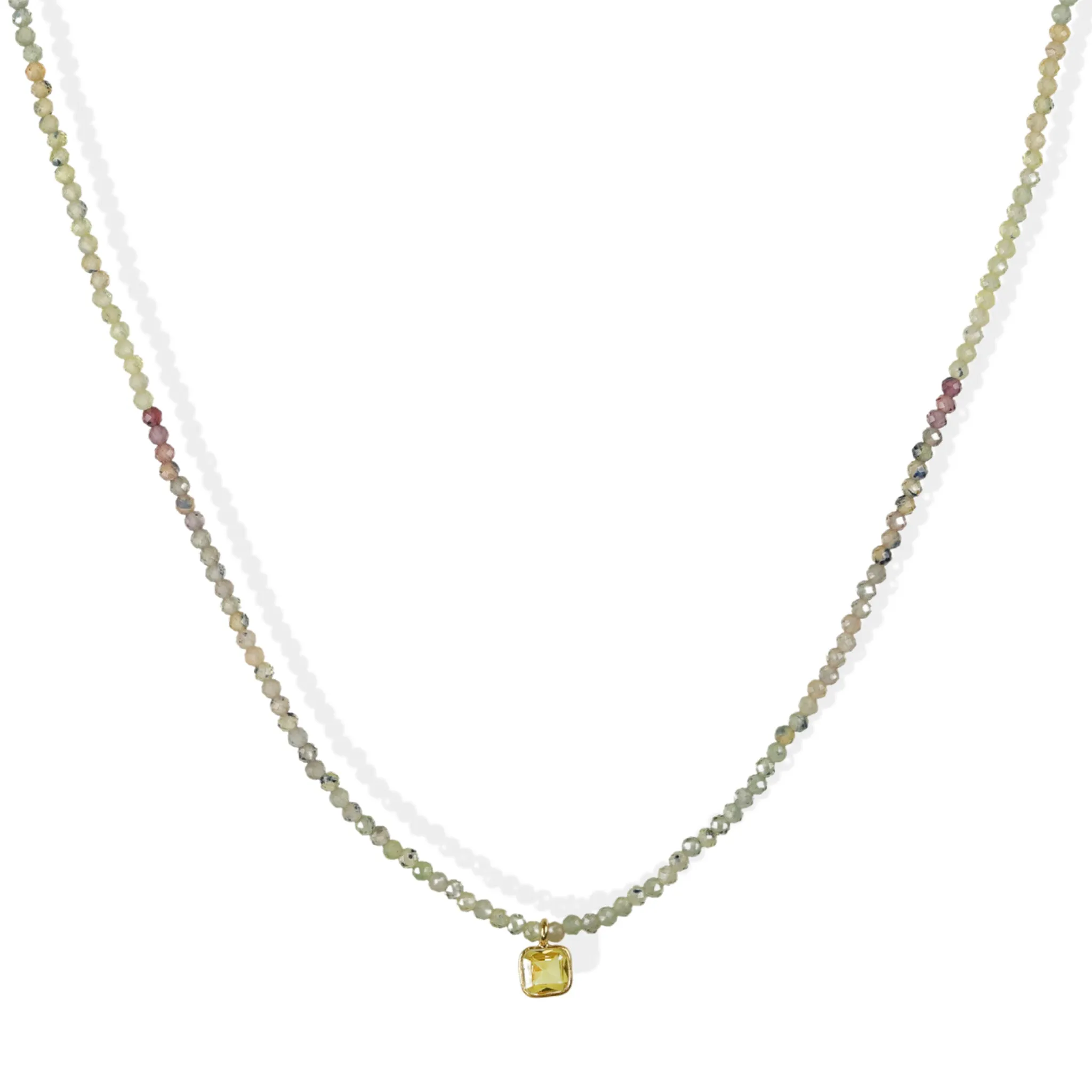 Faceted Mixed Sapphire Beaded Necklace with 18K Sapphire Charm