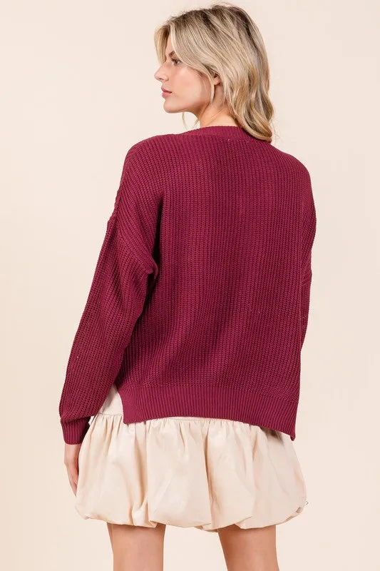 Garnet Ribbed Knit V Neck Sweate