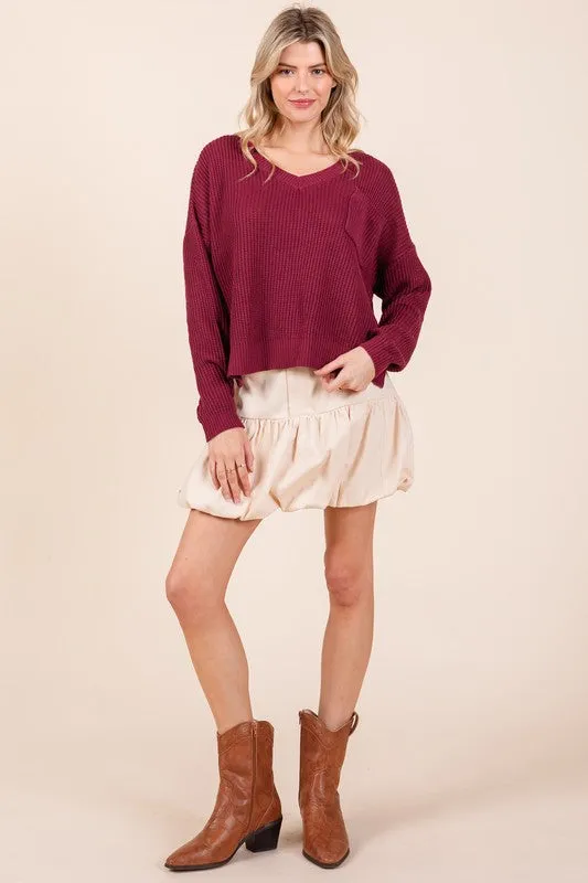 Garnet Ribbed Knit V Neck Sweate