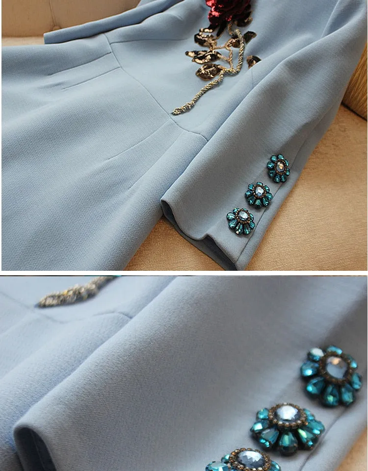High End Sequined Rose Beaded Blue Dress
