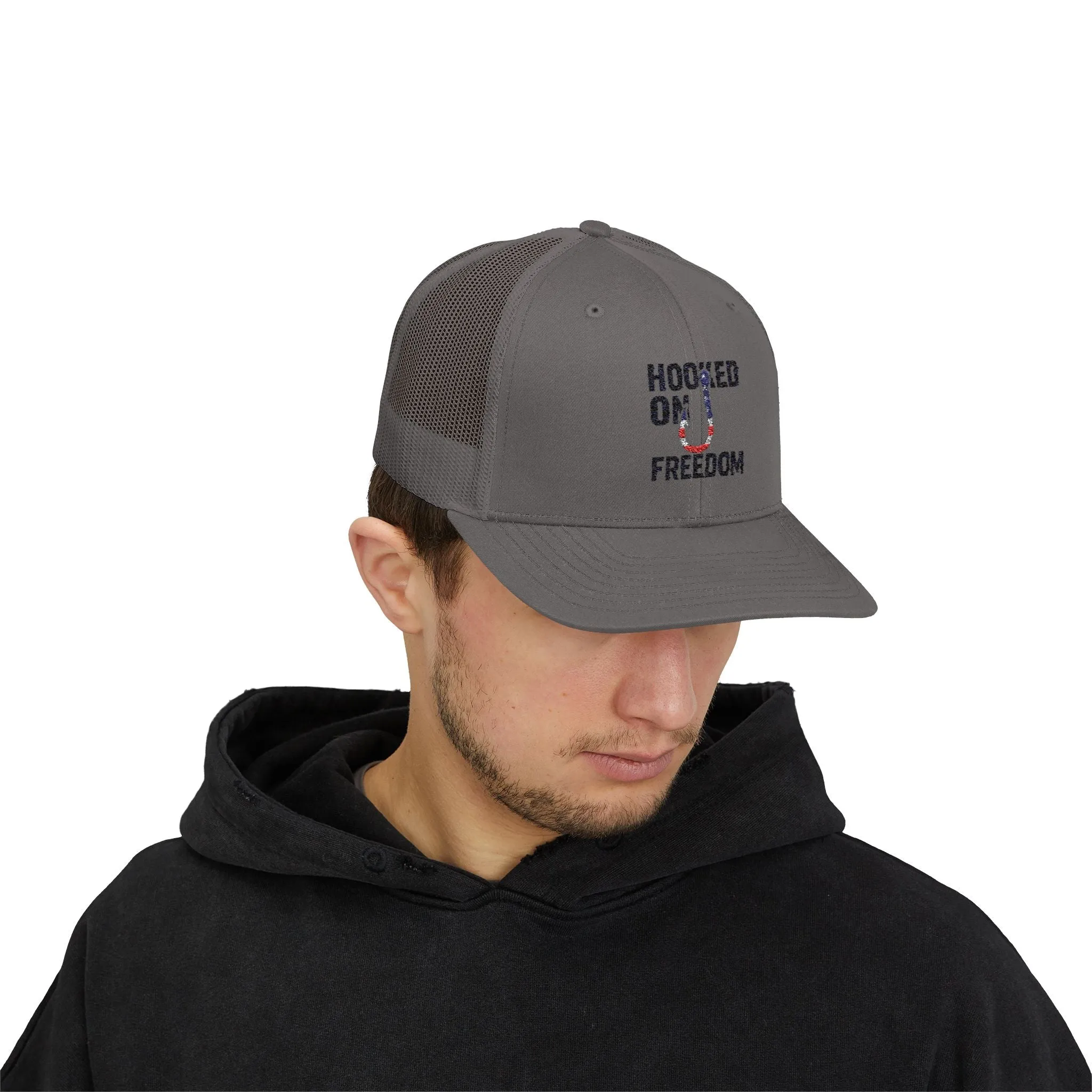 Hooked on Freedom Snapback Cap - Trendy Mesh Hat, Patriotic Gift, Outdoor Wear, Summer Style, Freedom Lovers