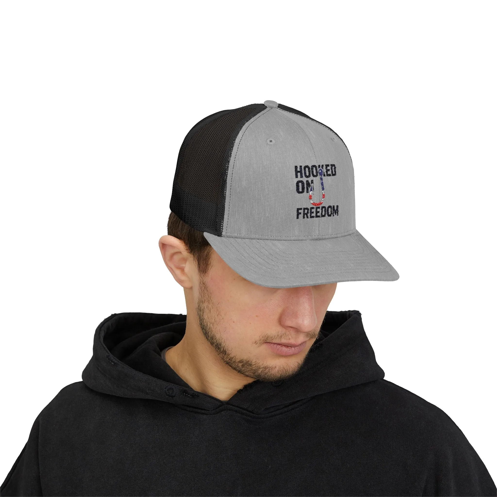 Hooked on Freedom Snapback Cap - Trendy Mesh Hat, Patriotic Gift, Outdoor Wear, Summer Style, Freedom Lovers
