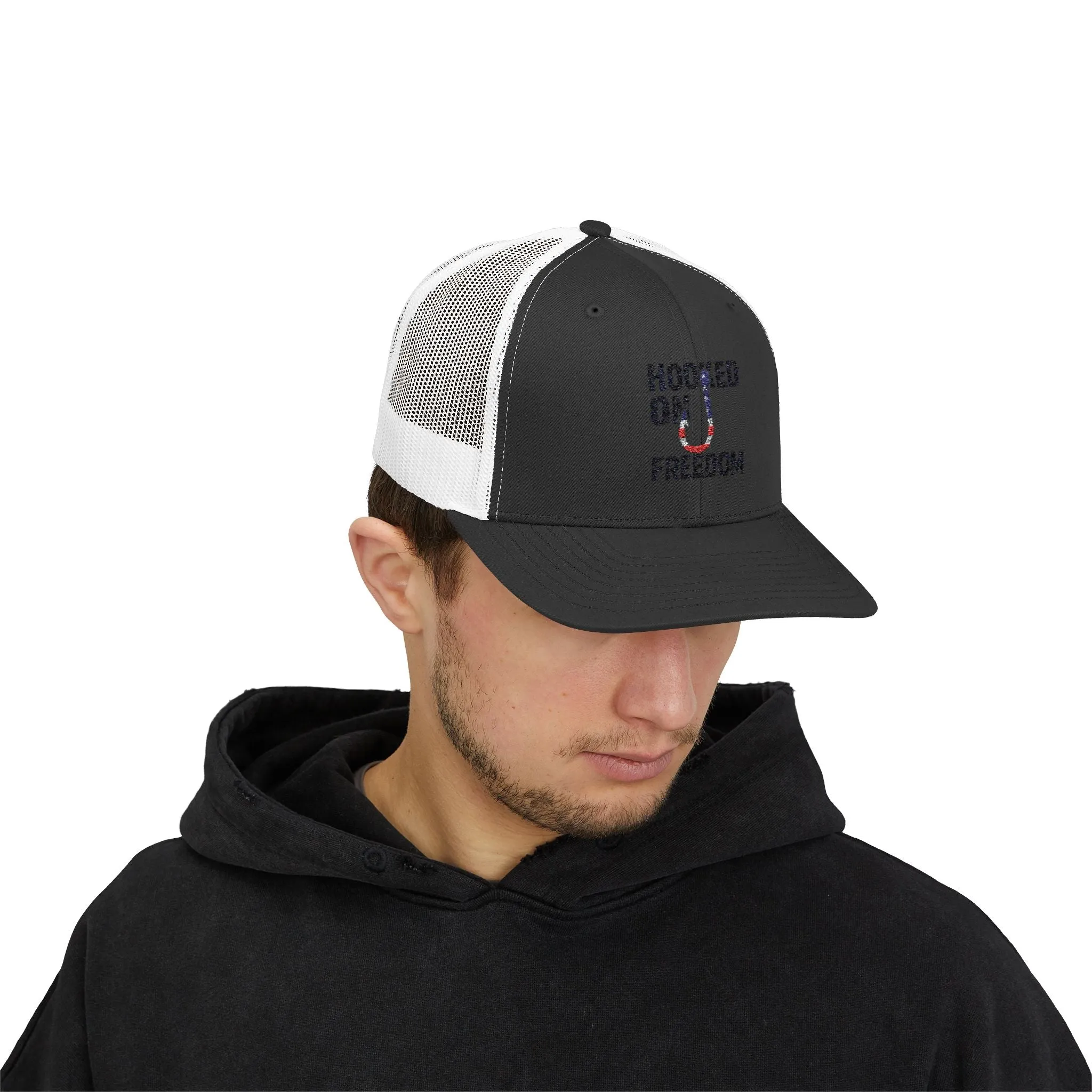 Hooked on Freedom Snapback Cap - Trendy Mesh Hat, Patriotic Gift, Outdoor Wear, Summer Style, Freedom Lovers