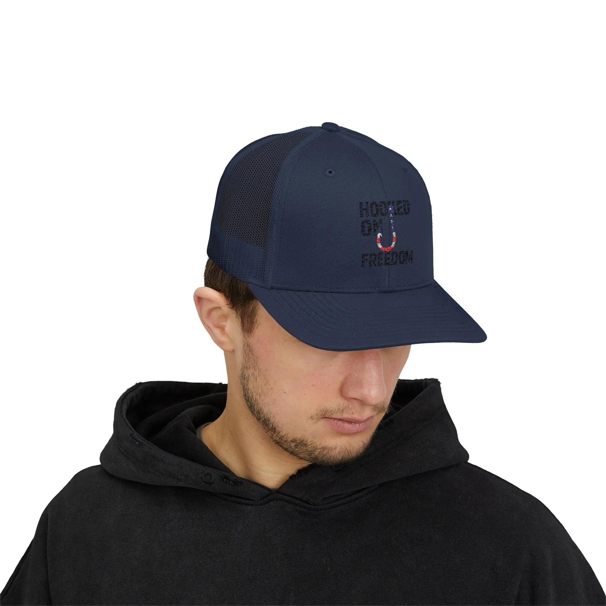 Hooked on Freedom Snapback Cap - Trendy Mesh Hat, Patriotic Gift, Outdoor Wear, Summer Style, Freedom Lovers
