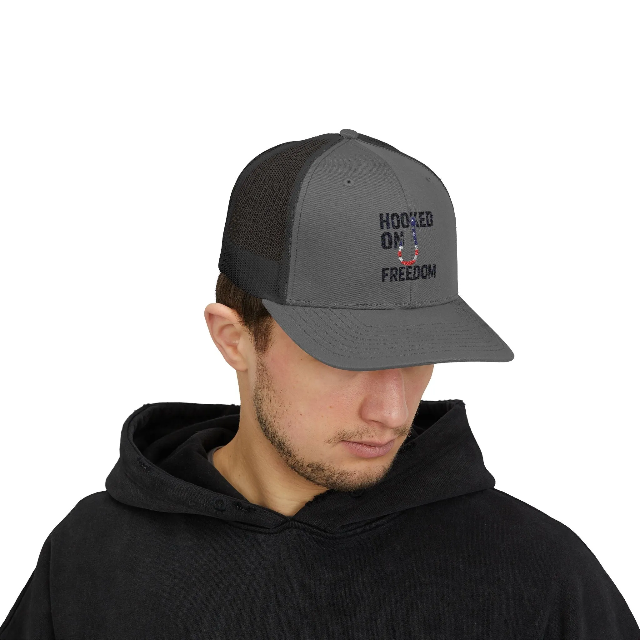 Hooked on Freedom Snapback Cap - Trendy Mesh Hat, Patriotic Gift, Outdoor Wear, Summer Style, Freedom Lovers