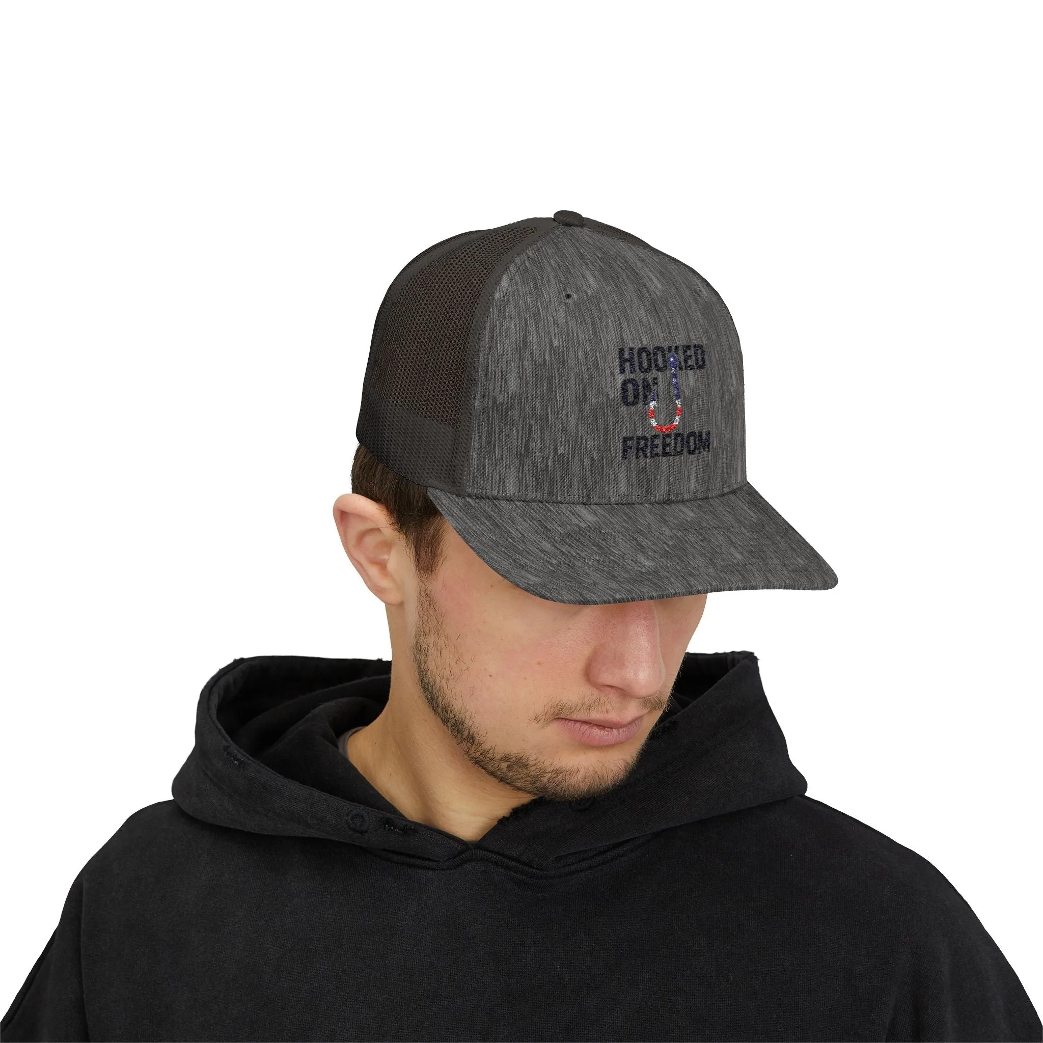 Hooked on Freedom Snapback Cap - Trendy Mesh Hat, Patriotic Gift, Outdoor Wear, Summer Style, Freedom Lovers