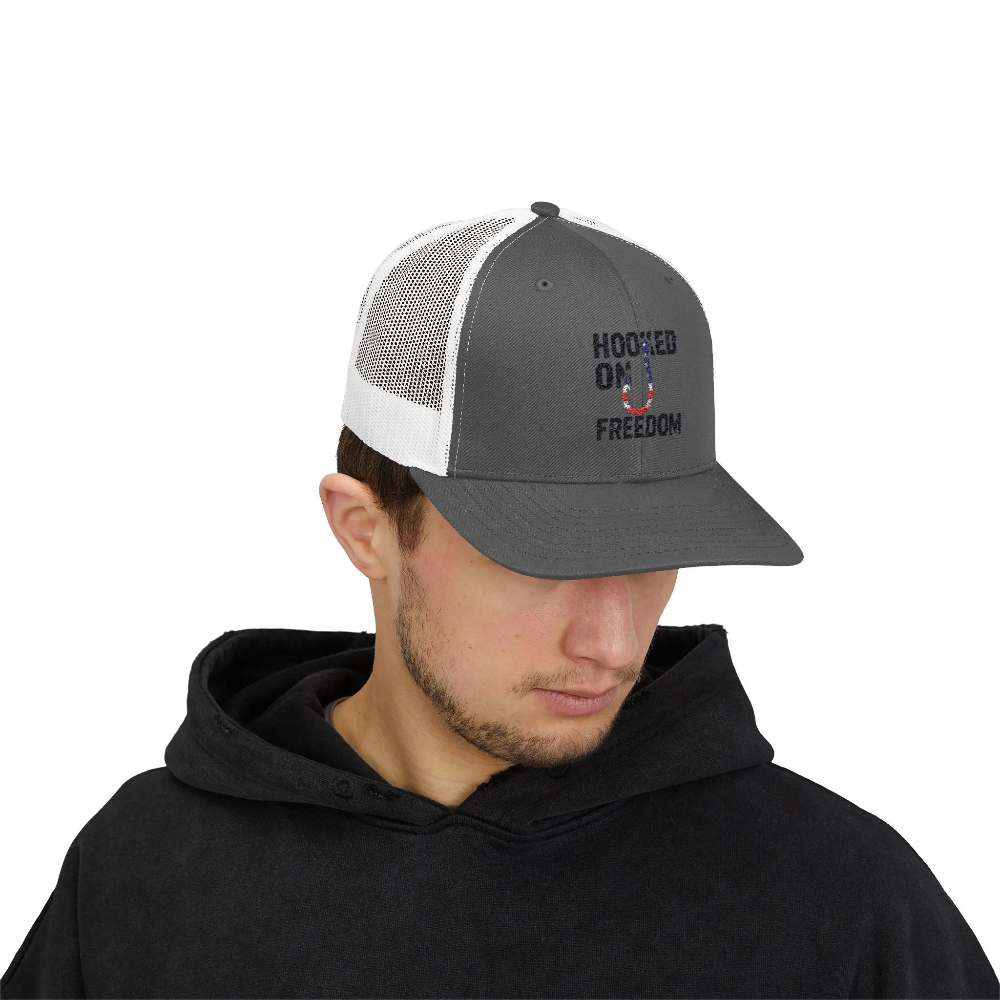 Hooked on Freedom Snapback Cap - Trendy Mesh Hat, Patriotic Gift, Outdoor Wear, Summer Style, Freedom Lovers
