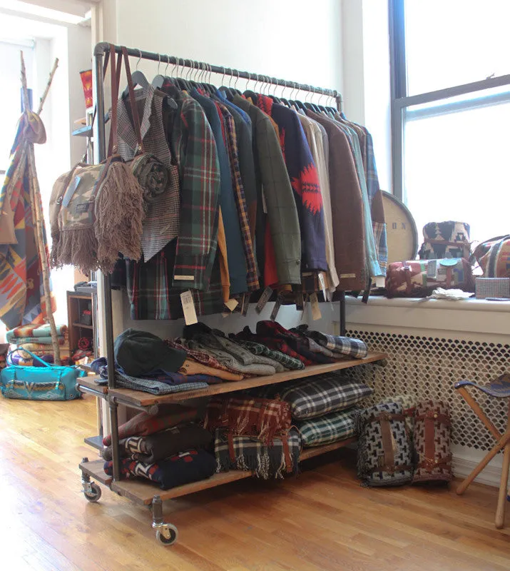 Industrial clothing rack with shelves