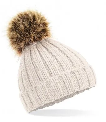 Infant or Junior Faux Fur Double Pom Pom Hat | Ribbed Knit Cuffed Hat for Kids