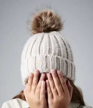 Infant or Junior Faux Fur Double Pom Pom Hat | Ribbed Knit Cuffed Hat for Kids