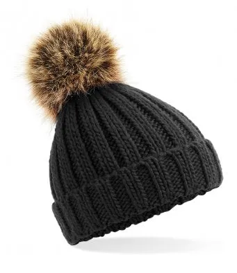 Infant or Junior Faux Fur Double Pom Pom Hat | Ribbed Knit Cuffed Hat for Kids