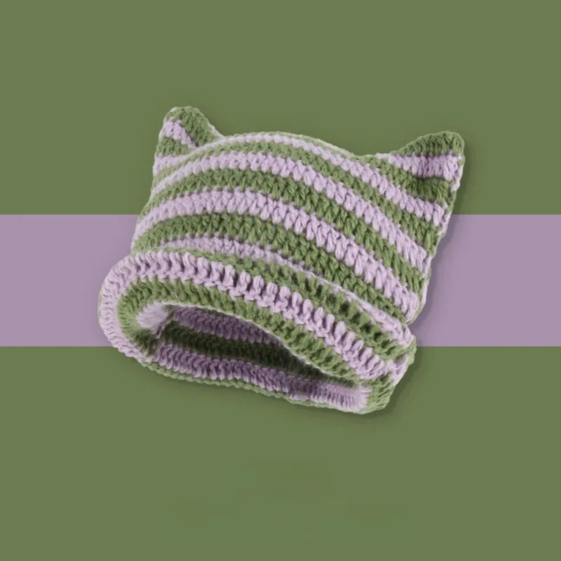 Kawaii Striped Devil Beanie 🎀 | Cute Cat Ear Knit Hat for Women 🐾 | Cozy Winter Crochet Cap ❄️