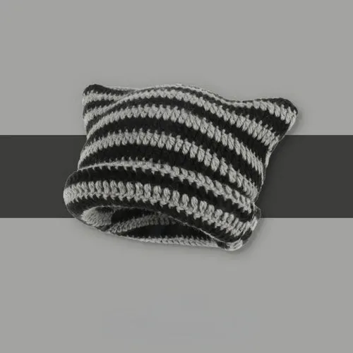 Kawaii Striped Devil Beanie 🎀 | Cute Cat Ear Knit Hat for Women 🐾 | Cozy Winter Crochet Cap ❄️
