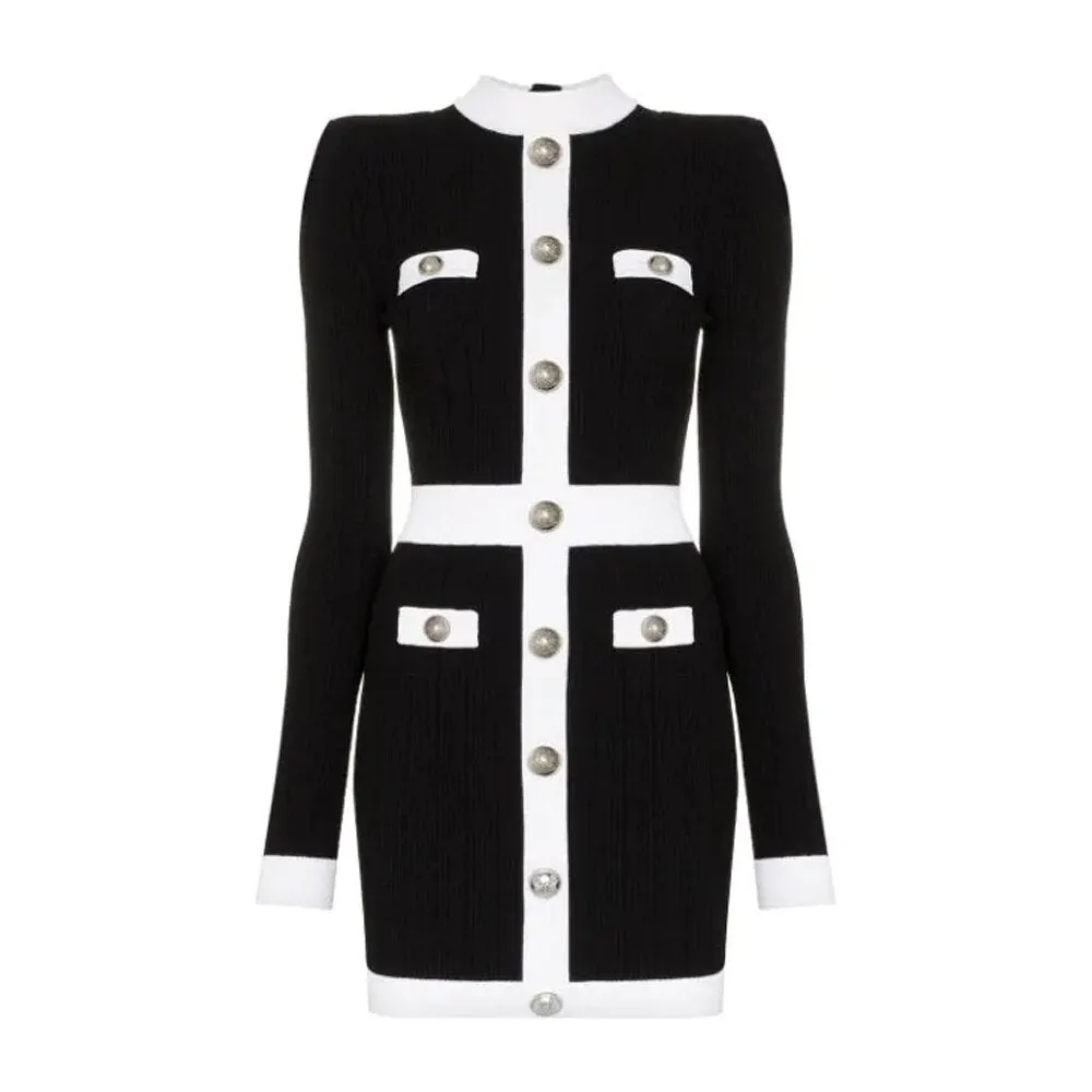Knit Sheath Black Silver Buttons Dress