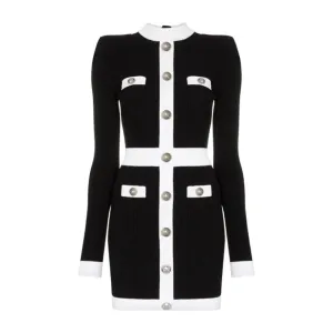 Knit Sheath Black Silver Buttons Dress