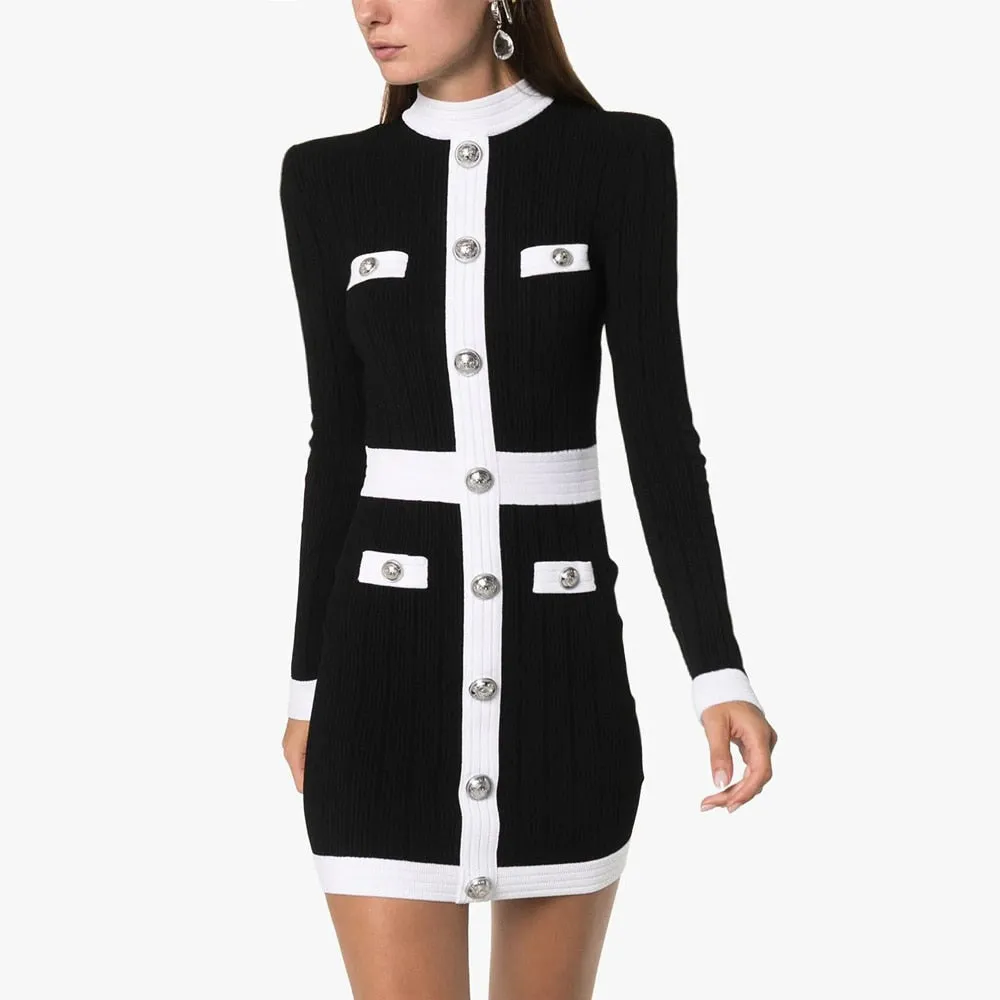 Knit Sheath Black Silver Buttons Dress
