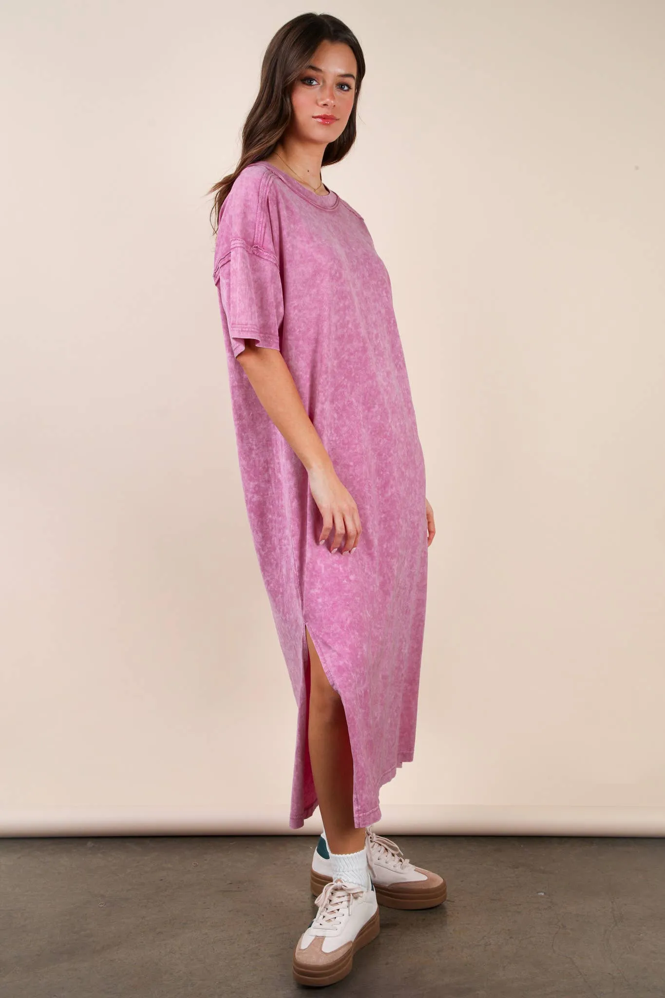 Mineral Washed Casual Comfy Midi Dress
