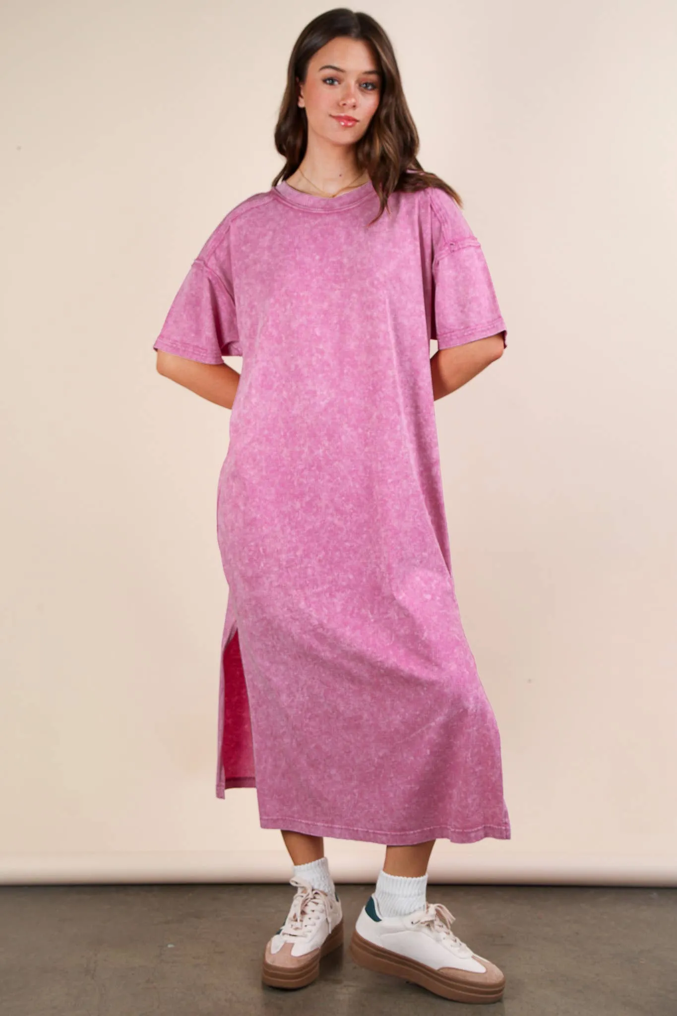 Mineral Washed Casual Comfy Midi Dress