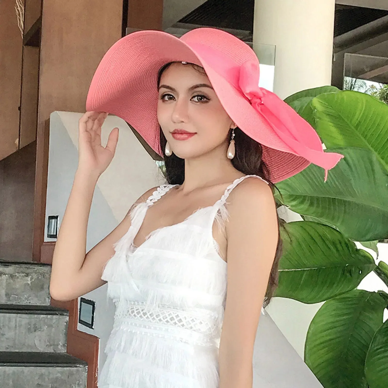 New Summer Women Straw Hat Bowknot Wide Brim Floppy Foldable Panama Hats Adult Outdoor Sun Protection Flat Top Ribbon Beach Cap